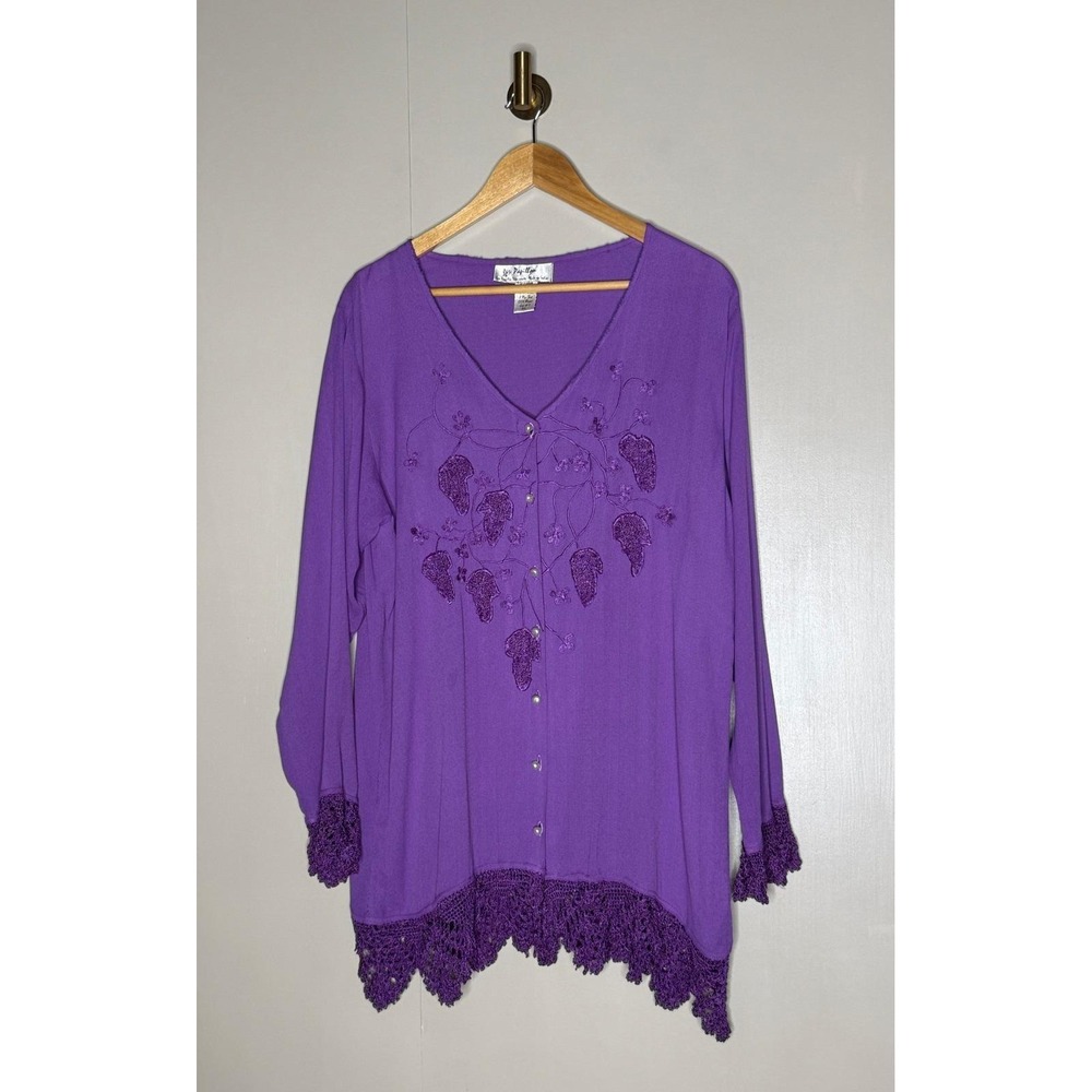 Vintage Purple Embroidered Crochet Lace Boho Tunic Blouse Papillon XL‎ Rayon - Picture 2 of 9